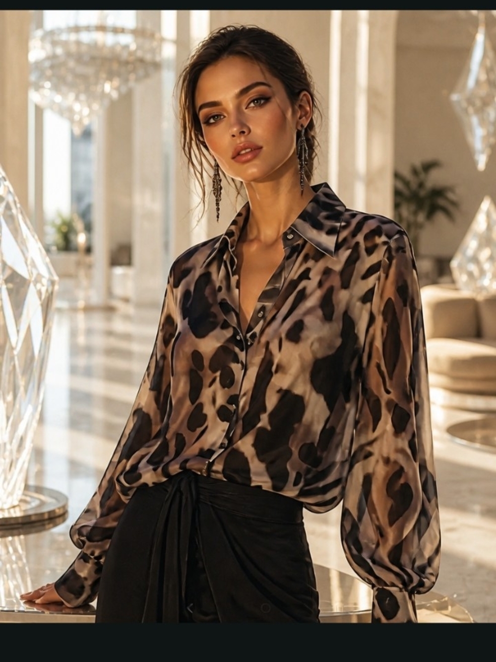 Finley Leopard-Print Satin Button-Up Blouse in Brown and Black